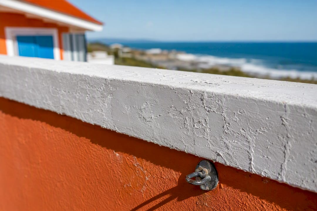 Salt-weathered exterior paint showing UV fading