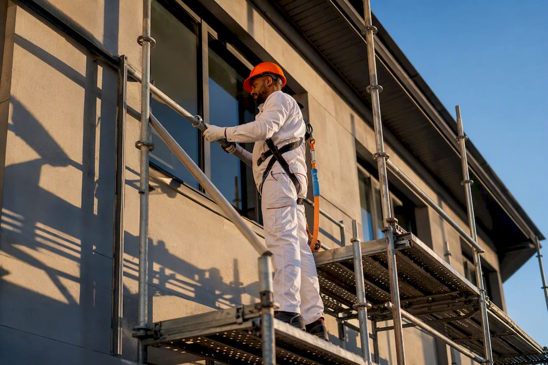 Scaffold and harness prepared for commercial painting