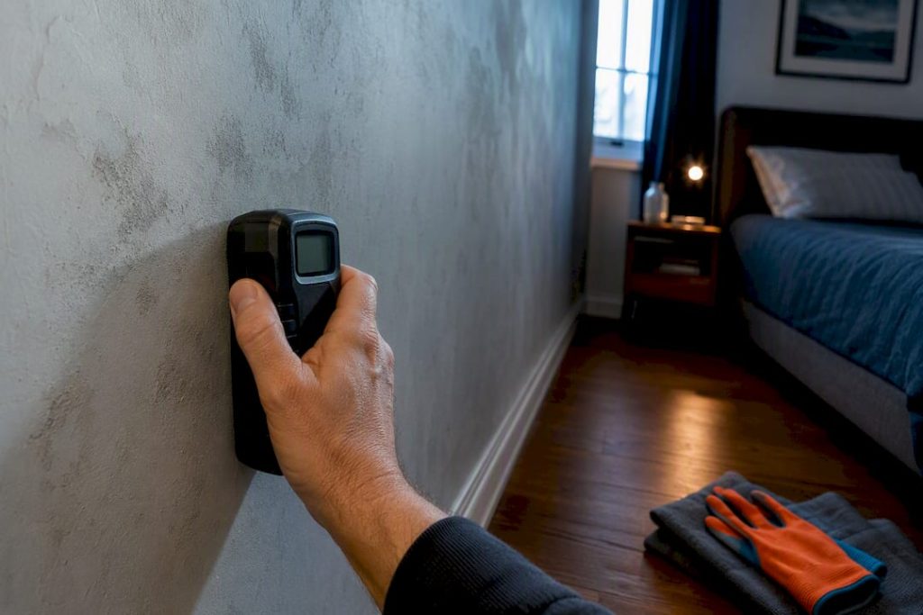 Moisture meter testing a damp plaster wall